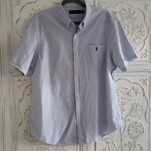 Seersucker s/s grey/blue pinstripe button